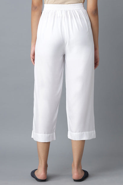 White Solid Wide Leg Cotton Culottes With Elasticated Waist