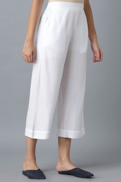 White Solid Wide Leg Cotton Culottes With Elasticated Waist