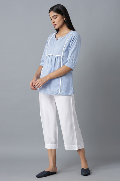 White Solid Wide Leg Cotton Culottes With Elasticated Waist