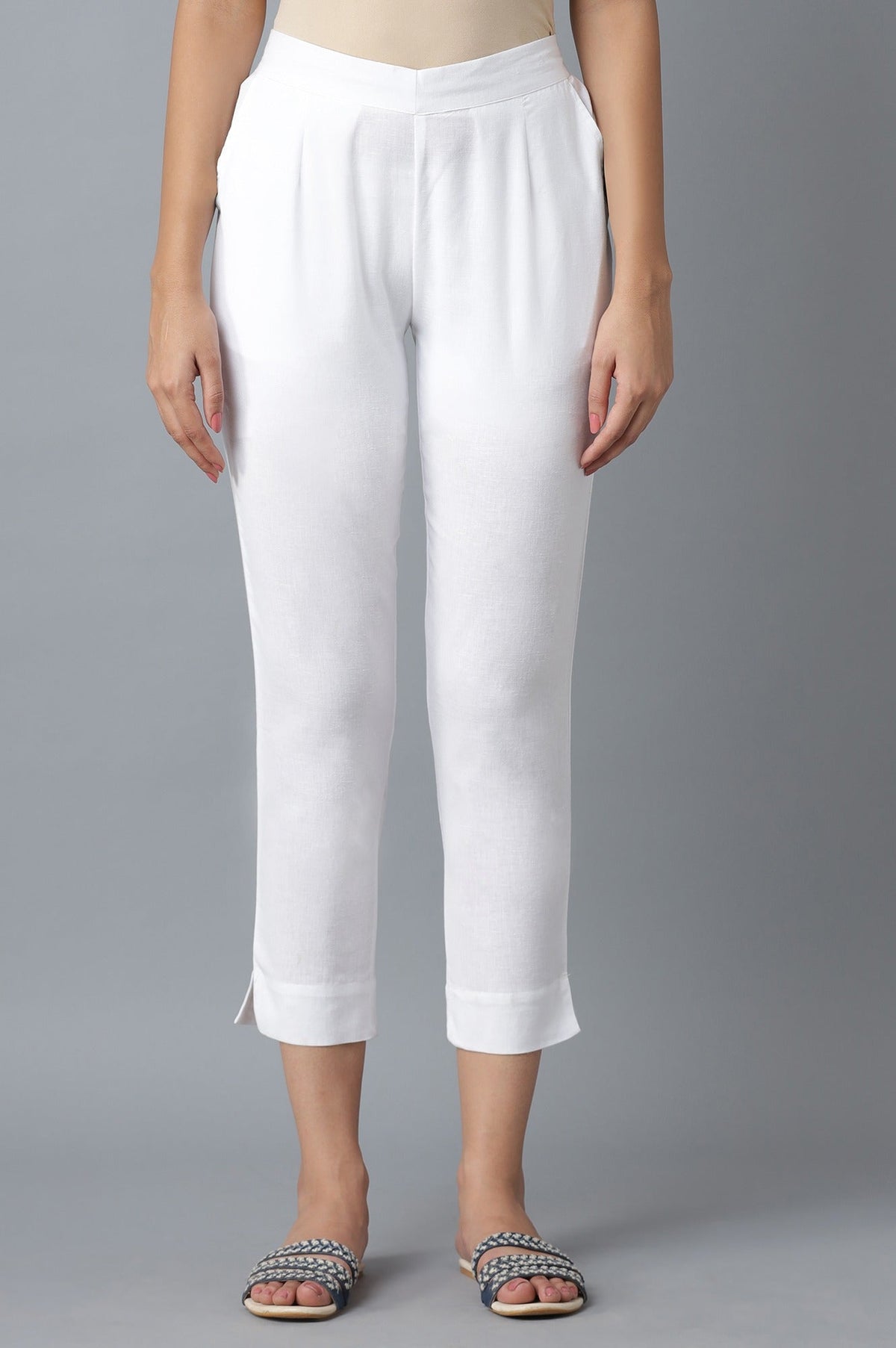 Elleven Women's White Solid Straight Fit Cotton Culottes With Elasticated Waist - S