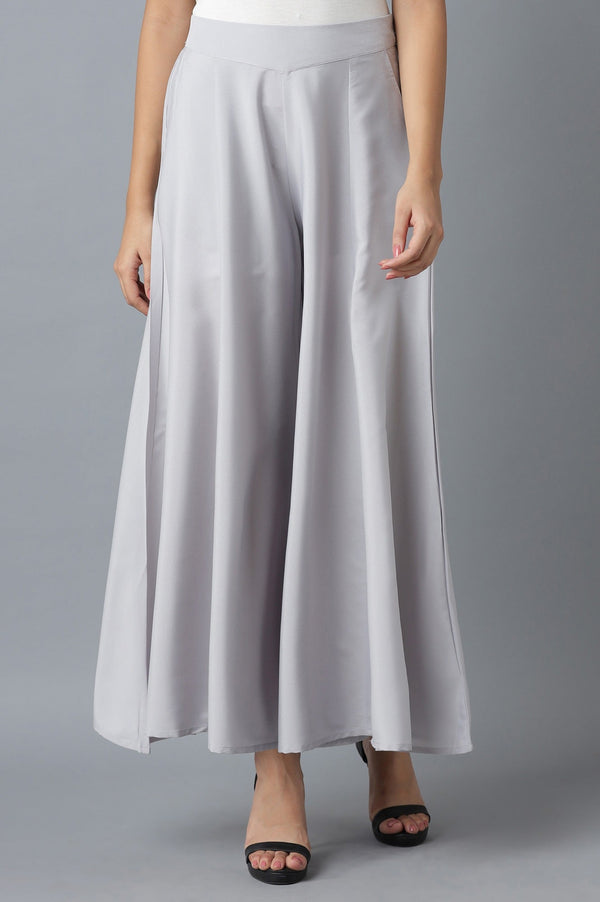 Elleven Women's Silver Solid Flared Polyester Palazzo With Elasticated Waist