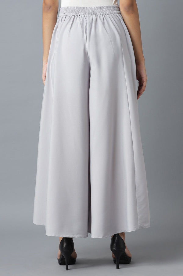 Elleven Women's Silver Solid Flared Polyester Palazzo With Elasticated Waist