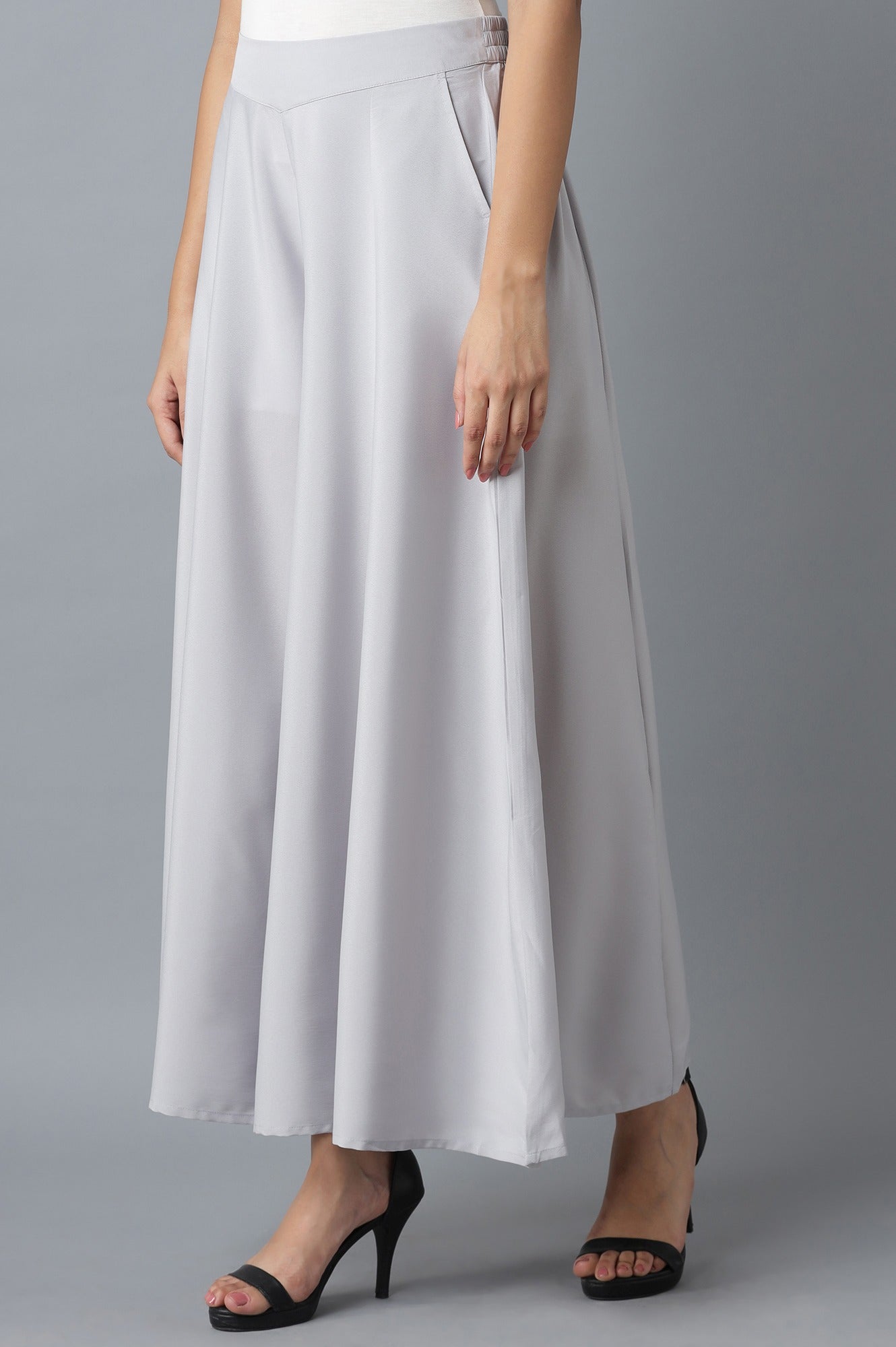 Silver Solid Flared Polyester Palazzo With Elasticated Waist