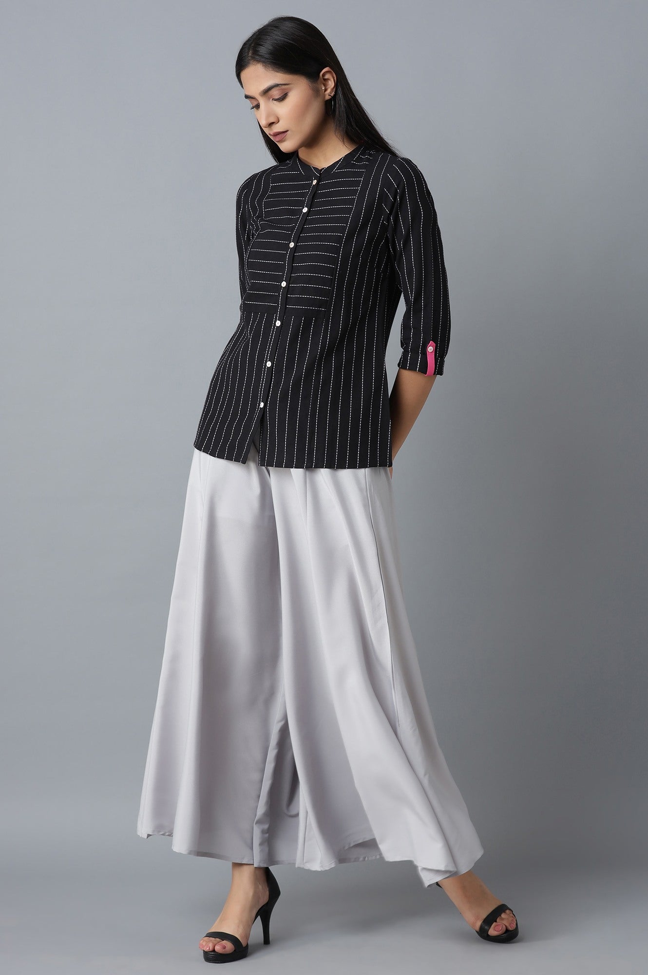 Silver Solid Flared Polyester Palazzo With Elasticated Waist