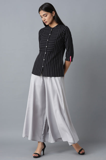 Silver Solid Flared Polyester Palazzo With Elasticated Waist