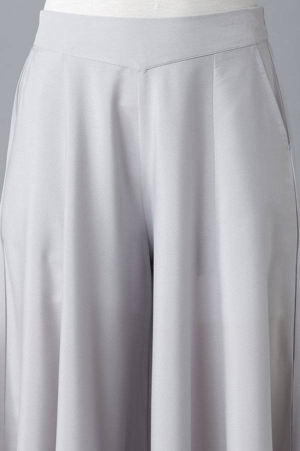 Elleven Women's Silver Solid Flared Polyester Palazzo With Elasticated Waist