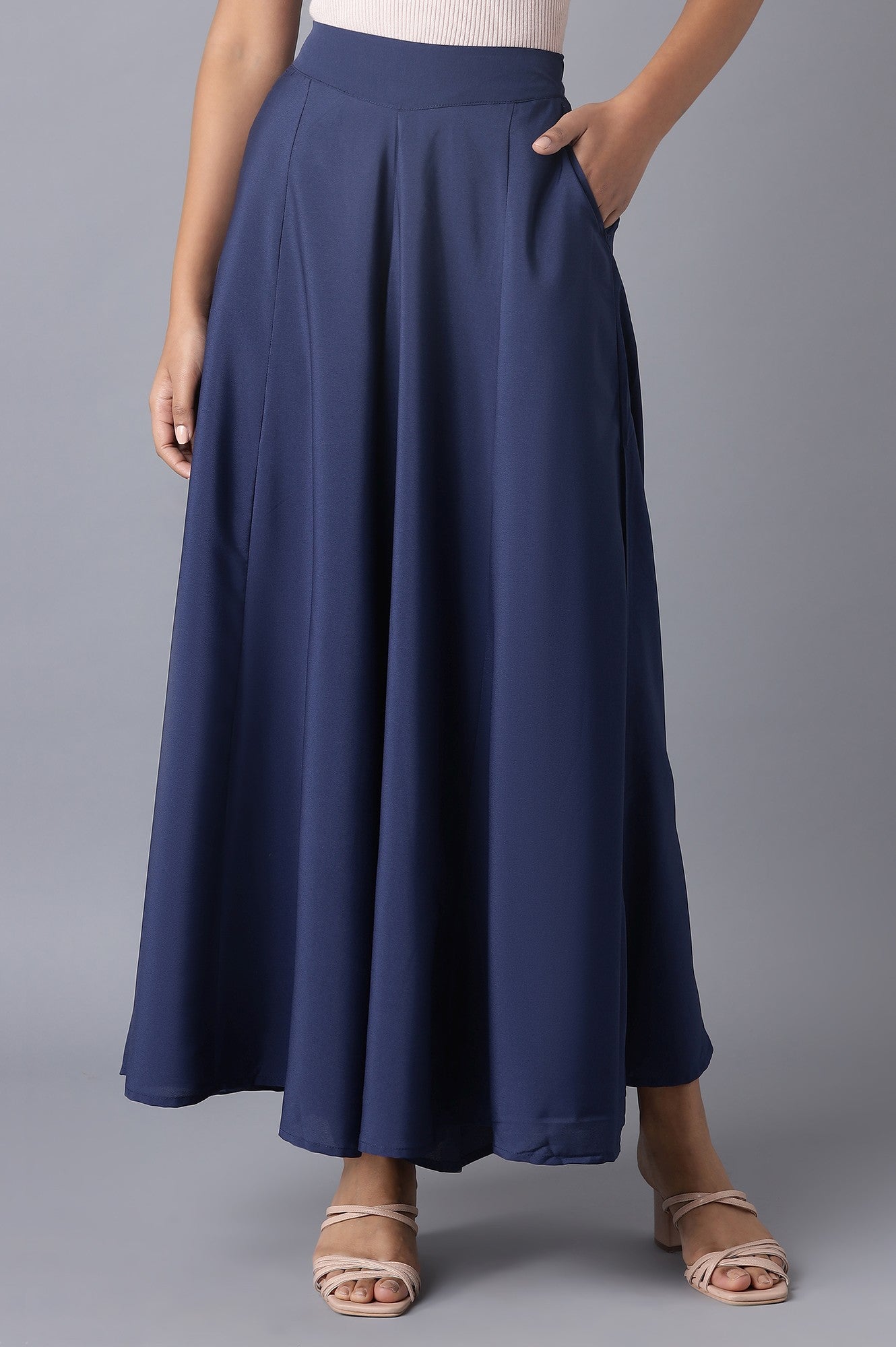 Blue Solid Flared Woven Palazzo with Elasticated Waist