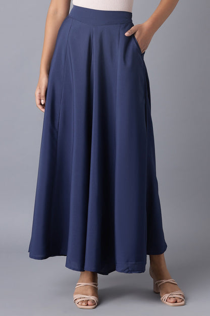 Blue Solid Flared Woven Palazzo with Elasticated Waist