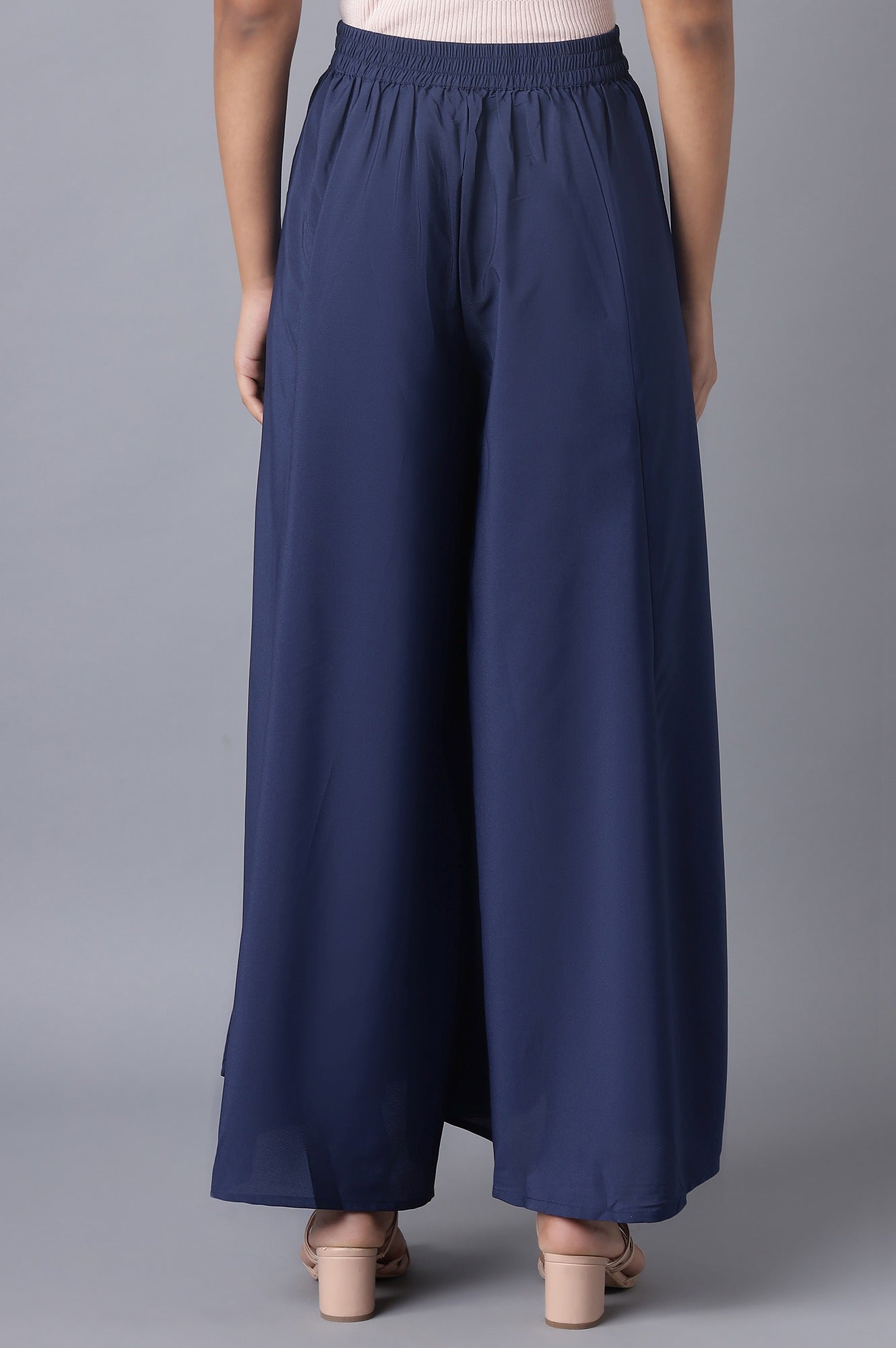 Blue Solid Flared Woven Palazzo with Elasticated Waist