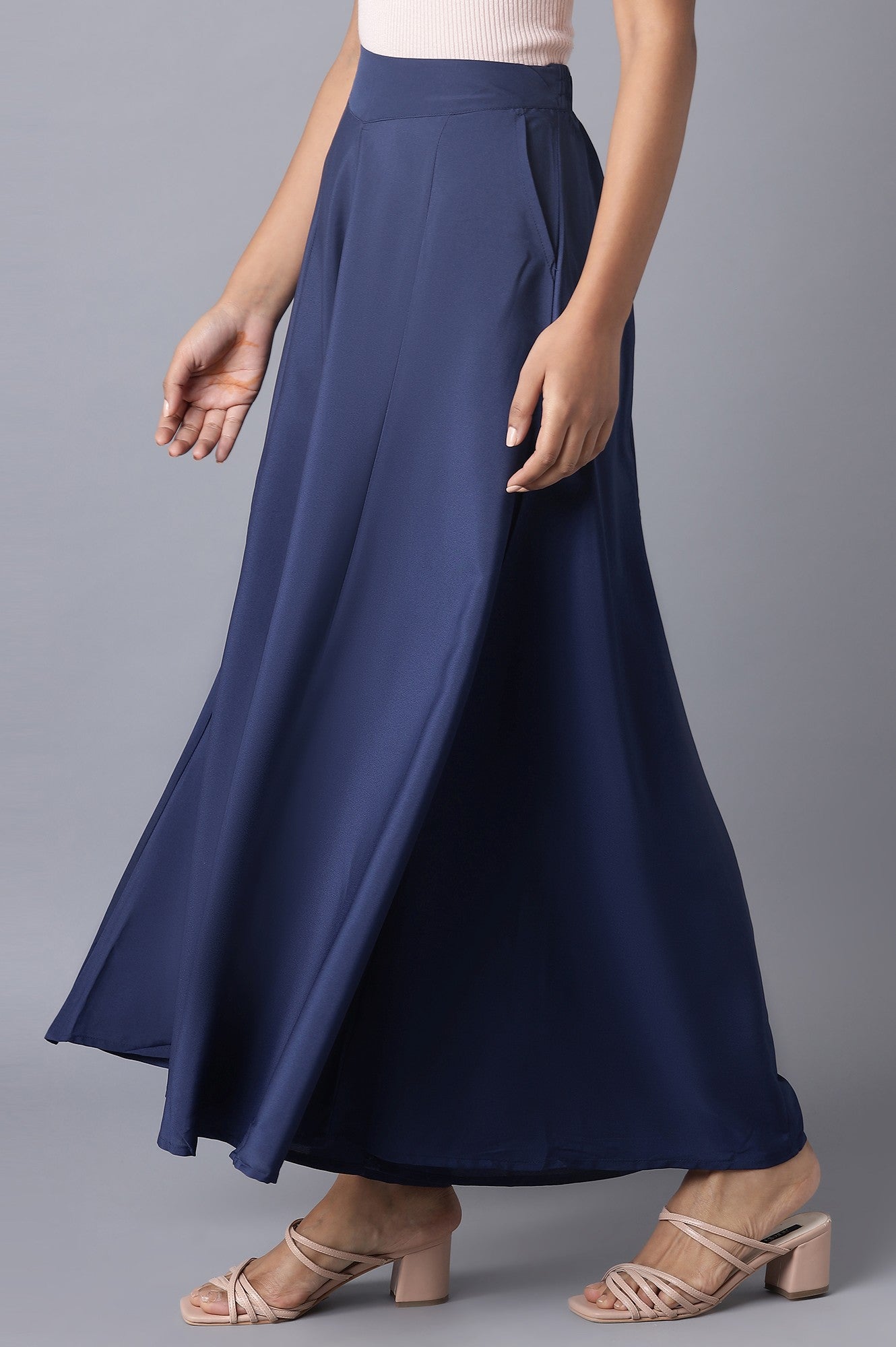 Blue Solid Flared Woven Palazzo with Elasticated Waist