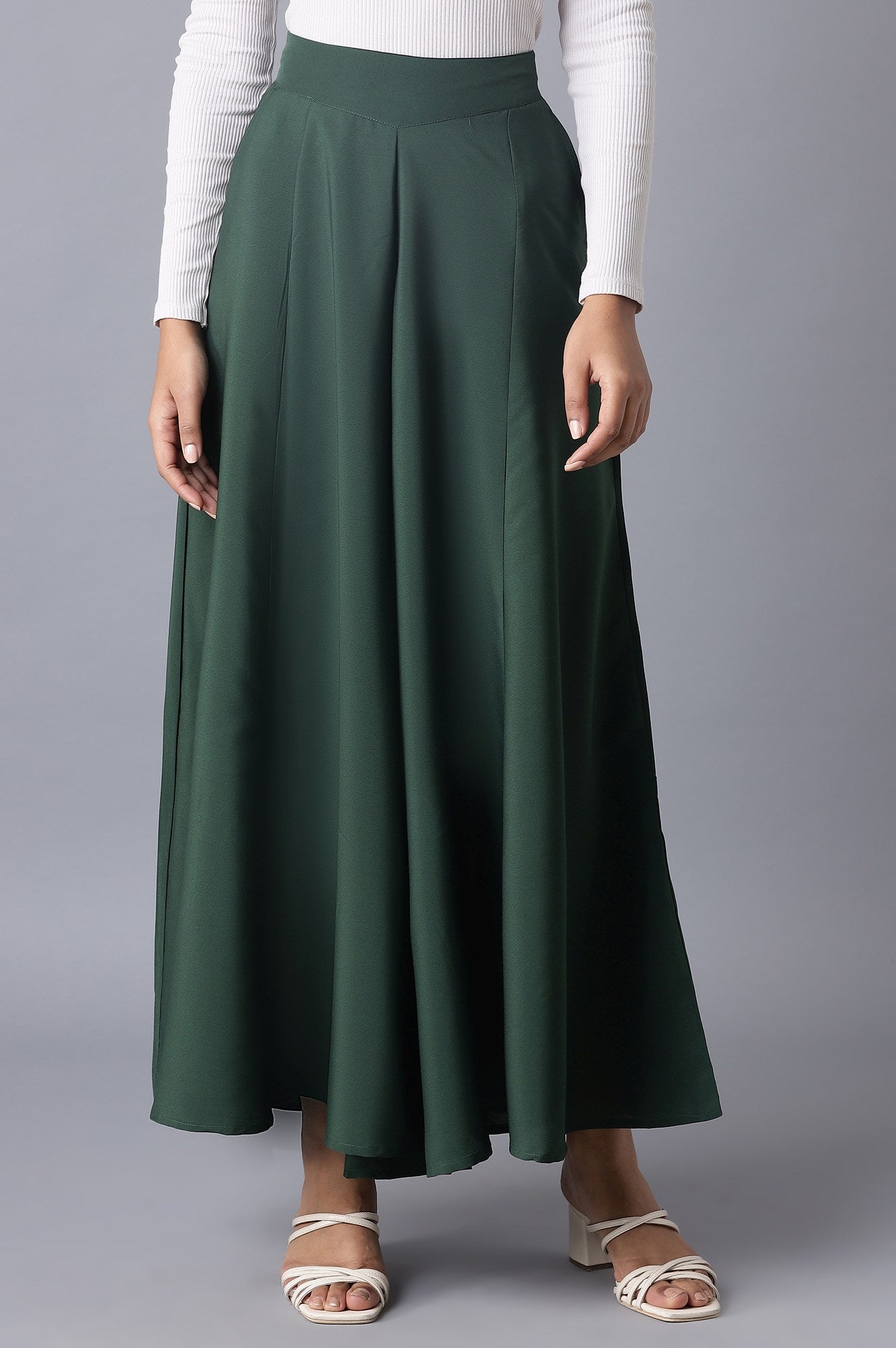 Muted Sage Green Solid Flared Woven Palazzo With Elasticated Waistband