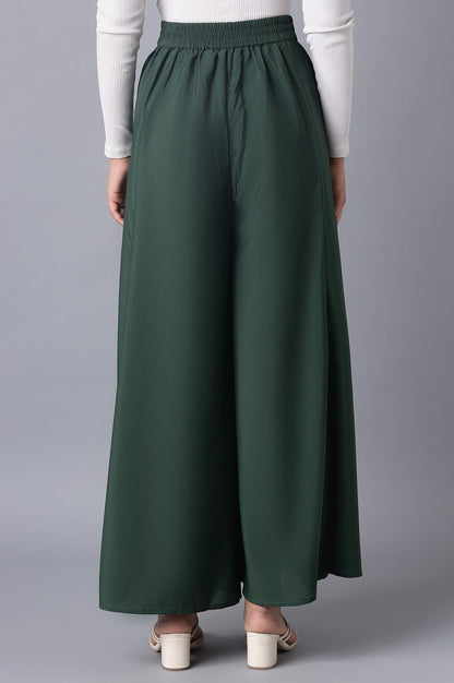 Muted Sage Green Solid Flared Woven Palazzo With Elasticated Waistband