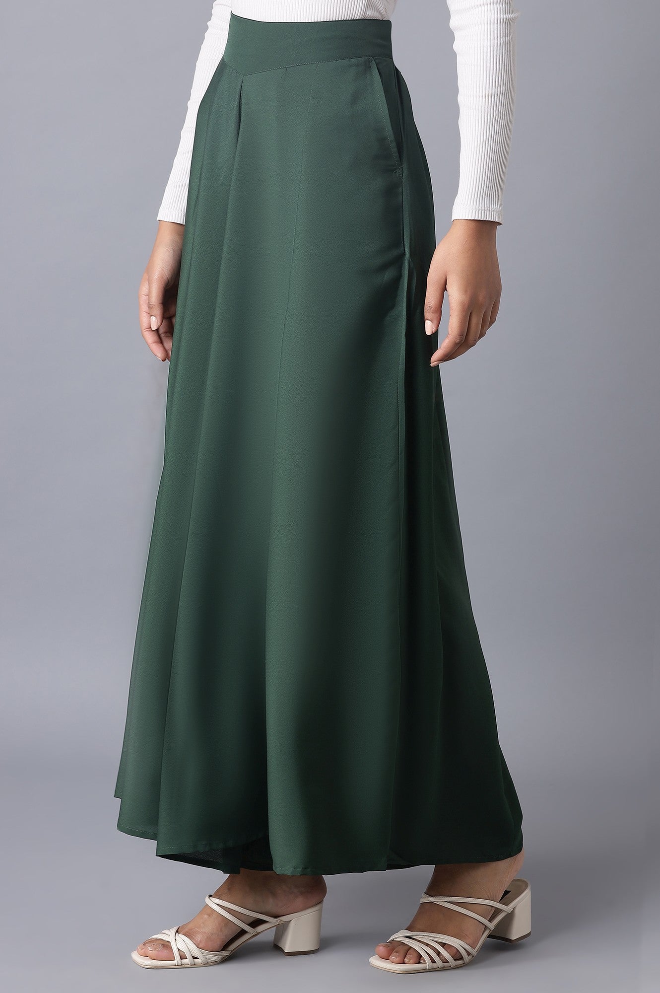 Muted Sage Green Solid Flared Woven Palazzo With Elasticated Waistband