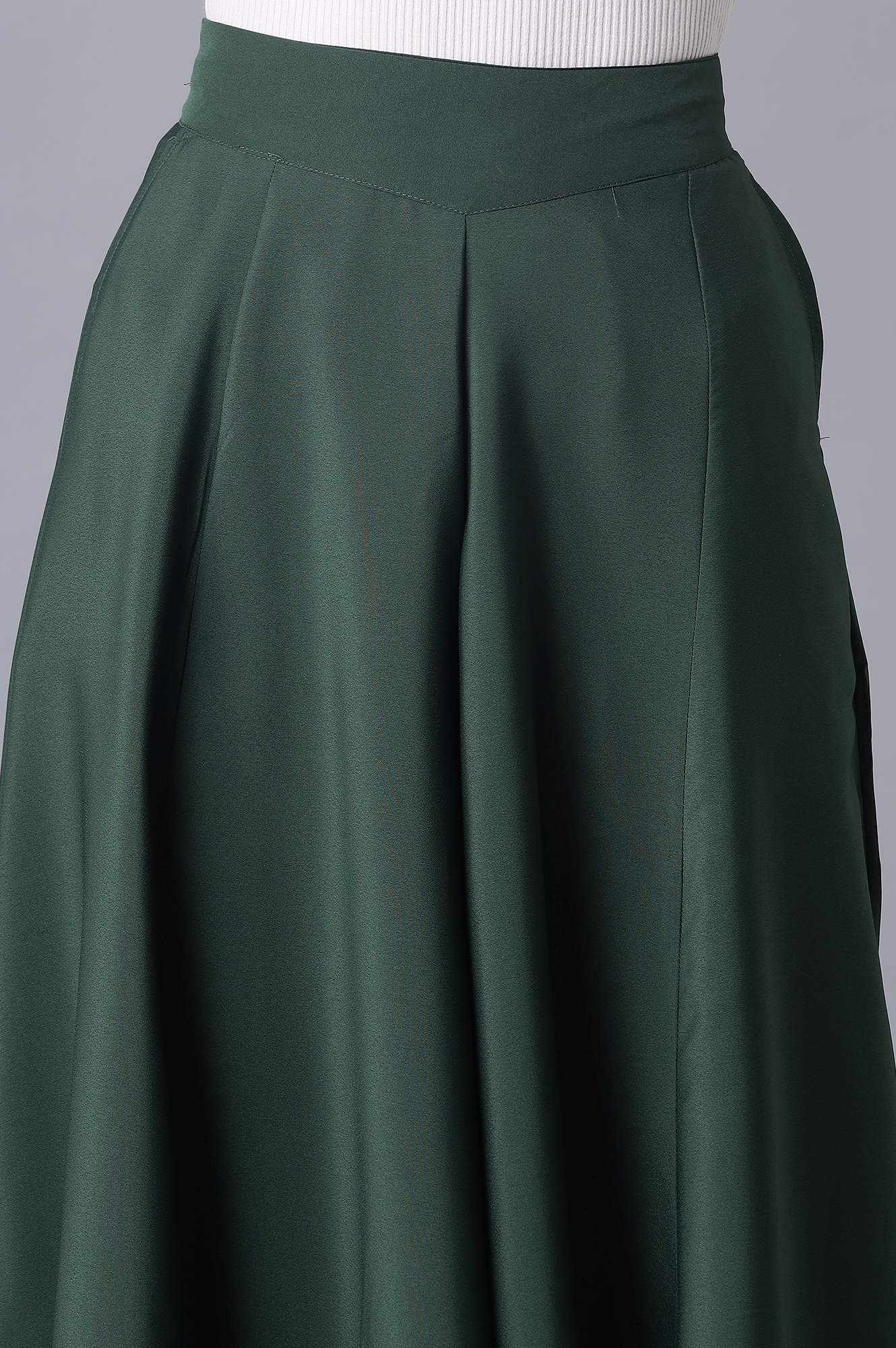 Muted Sage Green Solid Flared Woven Palazzo With Elasticated Waistband