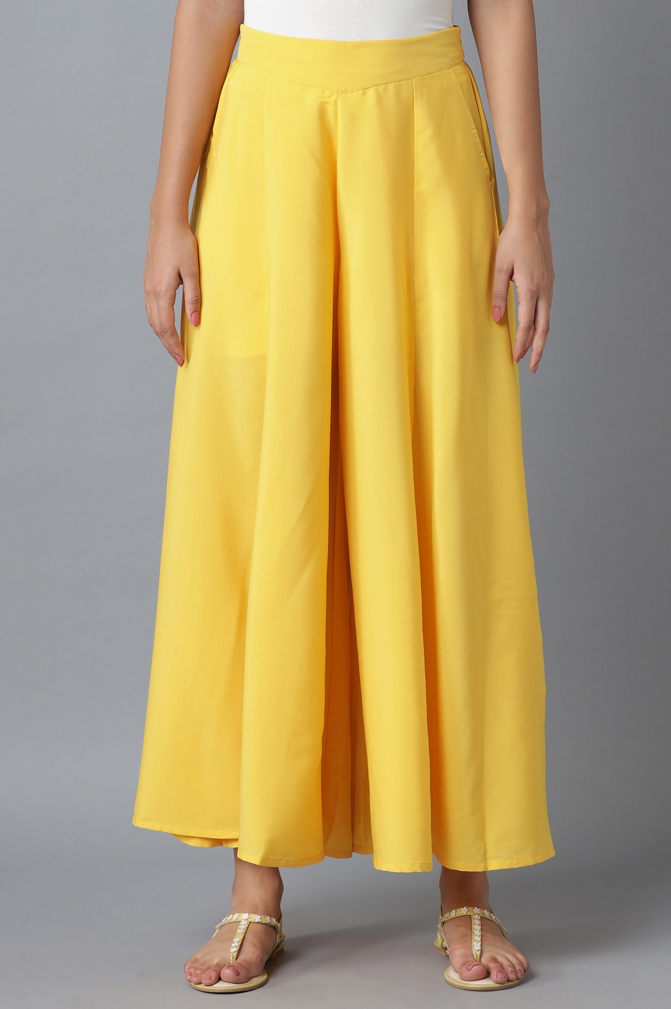 Yellow Solid Flared Cotton Palazzo With Elasticated Waist