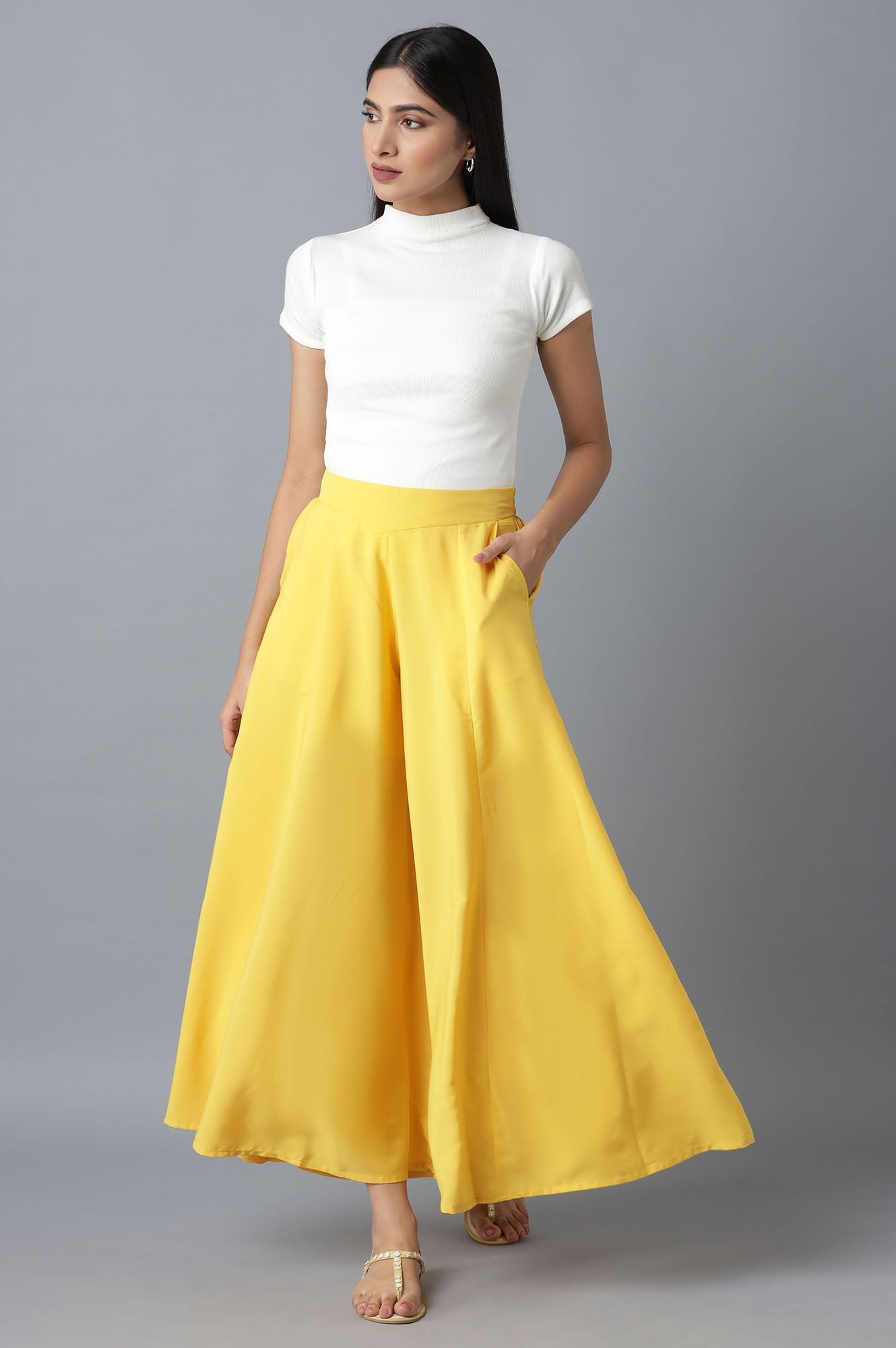 Yellow Solid Flared Cotton Palazzo With Elasticated Waist