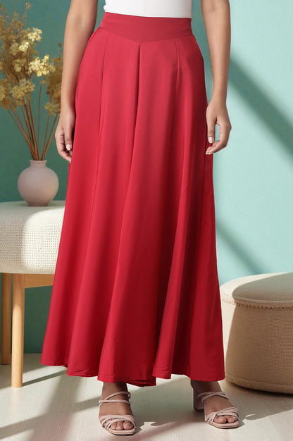 Red Solid Flared Woven Palazzo With Elasticated Waistband