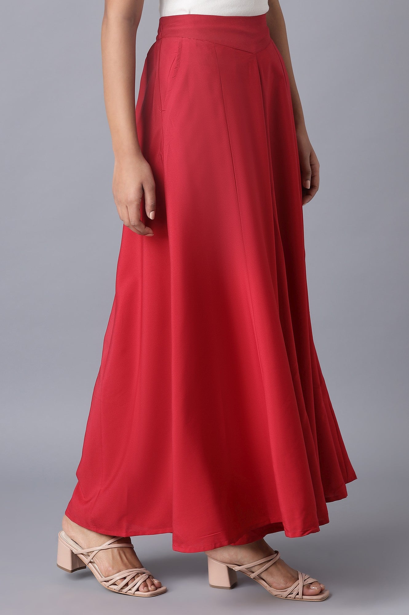 Red Solid Flared Woven Palazzo With Elasticated Waistband