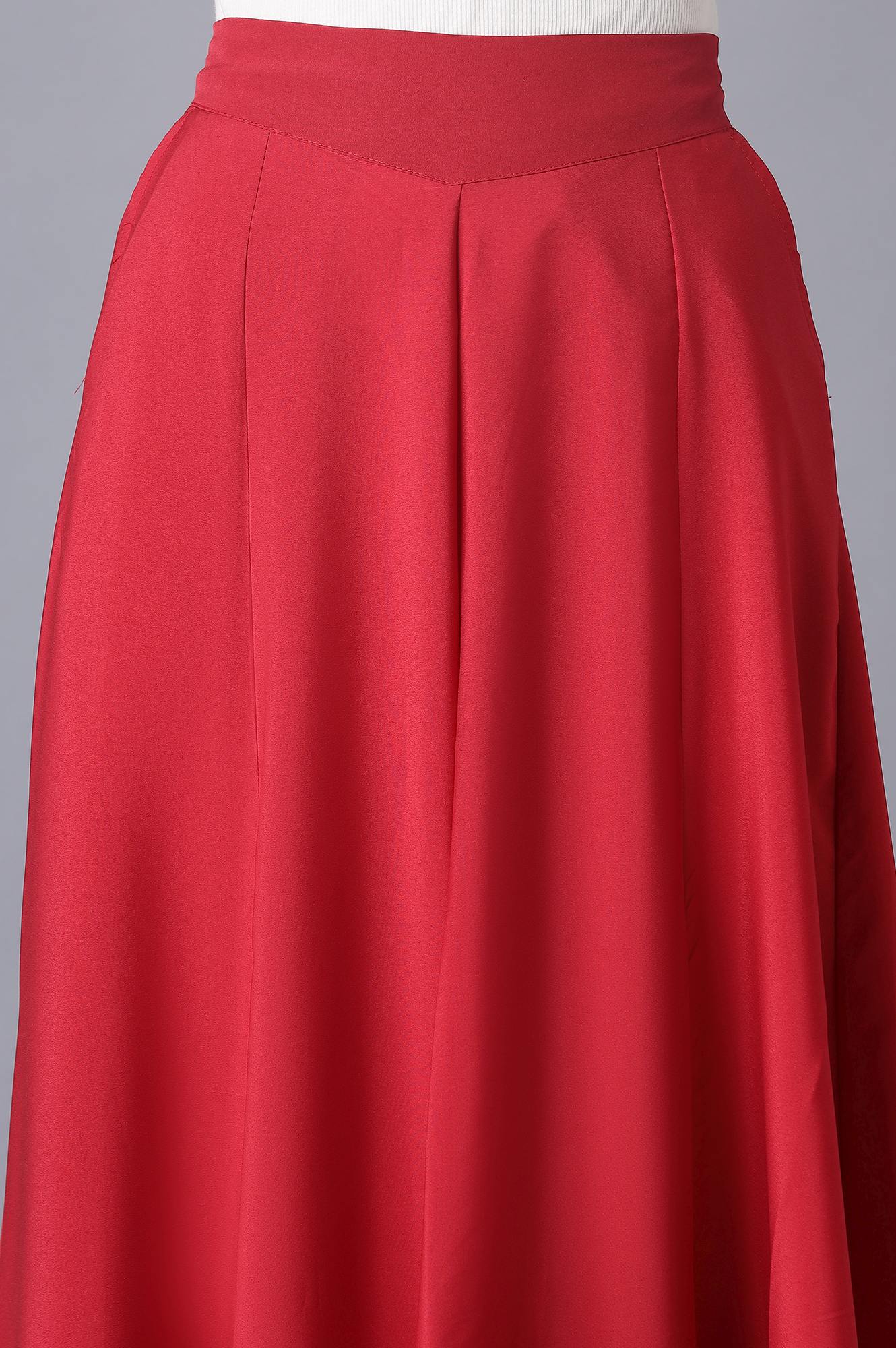 Red Solid Flared Woven Palazzo With Elasticated Waistband