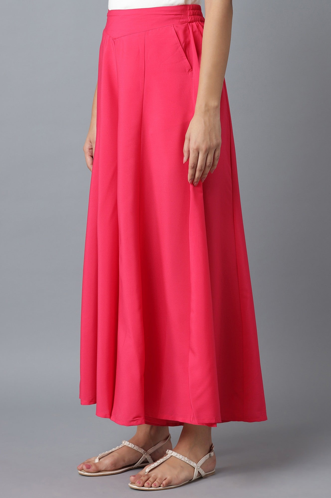 Pink Solid Flared Cotton Palazzo With Side Pockets