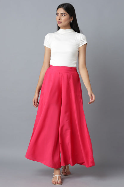 Pink Solid Flared Cotton Palazzo With Side Pockets