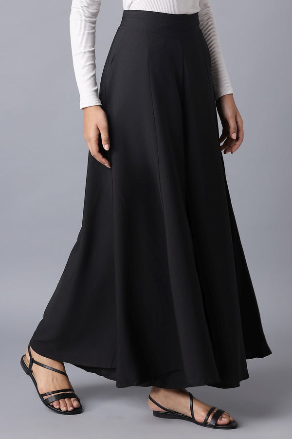 Elleven Women's Black Solid Flared Woven Palazzo With Elasticated Waist