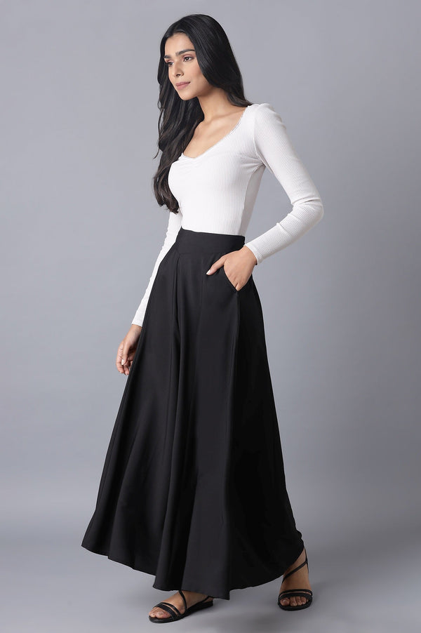 Elleven Women's Black Solid Flared Woven Palazzo With Elasticated Waist