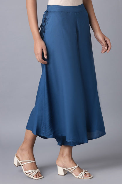 Blue Solid Flared Cotton Culottes With Drawstring