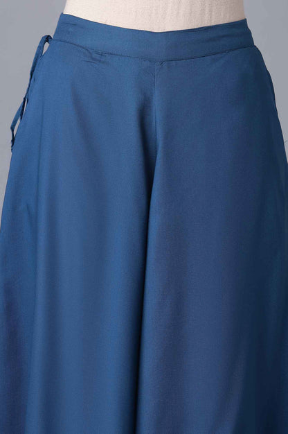 Blue Solid Flared Cotton Culottes With Drawstring