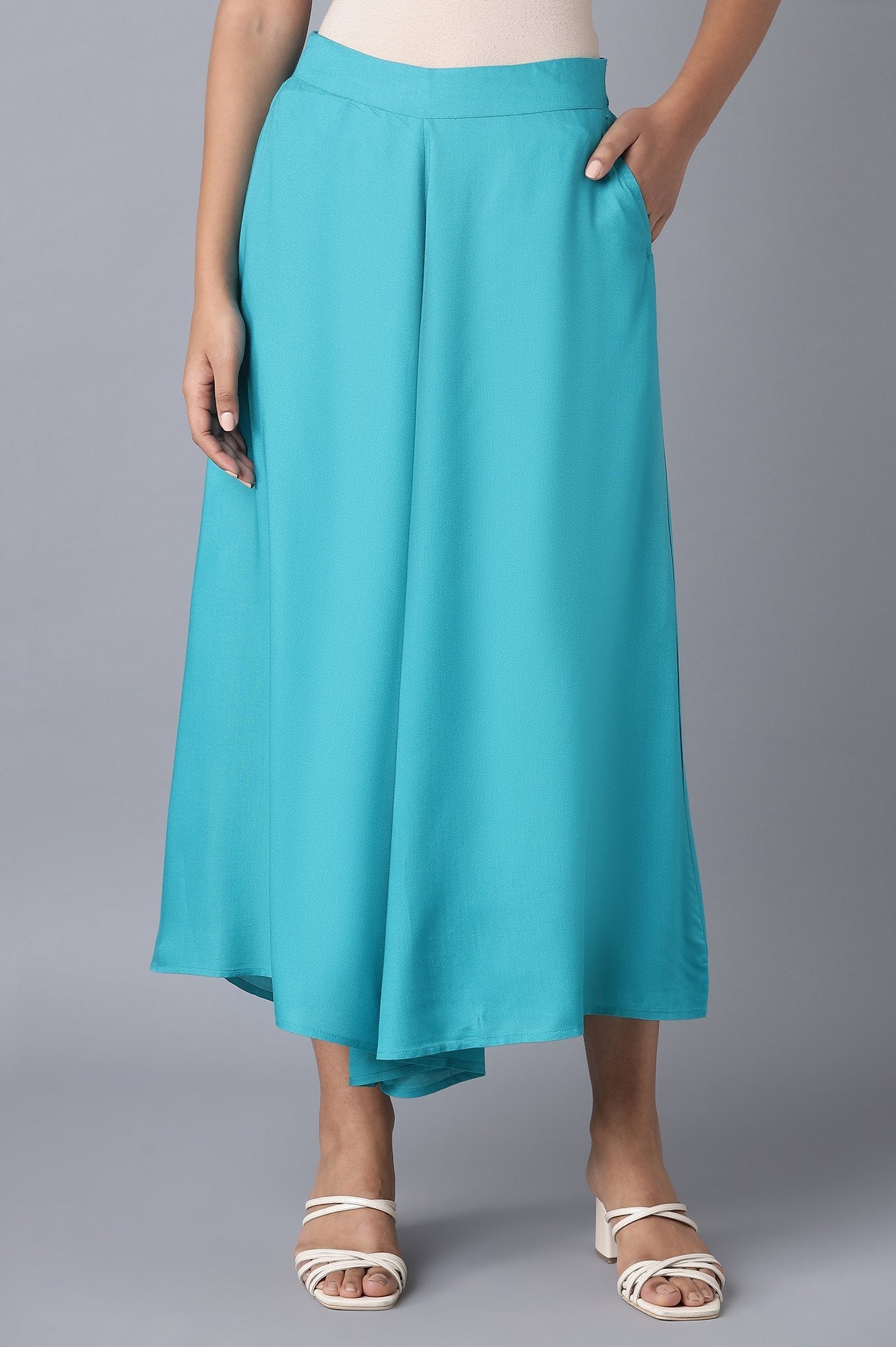 Turquoise Blue Solid Flared Cotton Culottes with Drawstring