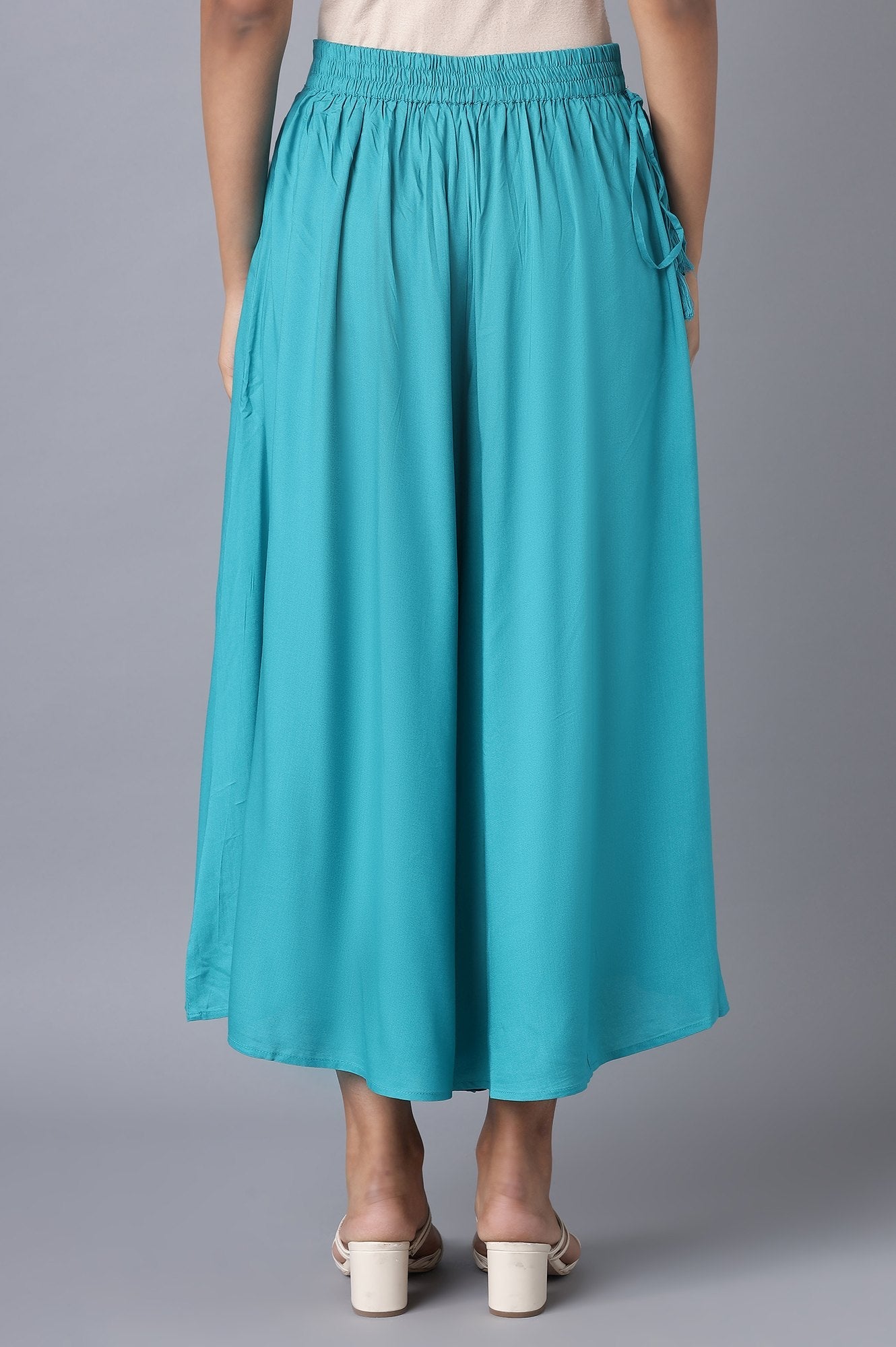 Turquoise Blue Solid Flared Cotton Culottes with Drawstring
