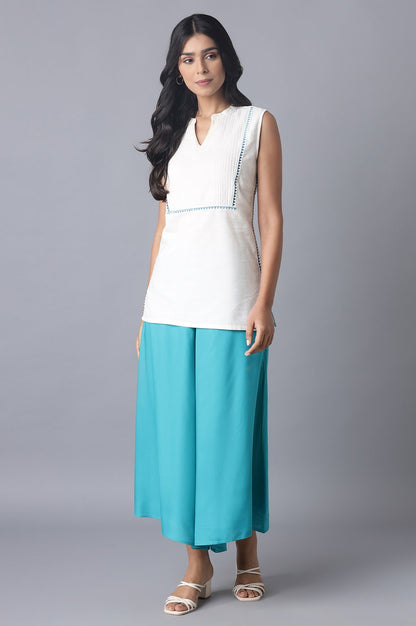 Turquoise Blue Solid Flared Cotton Culottes with Drawstring