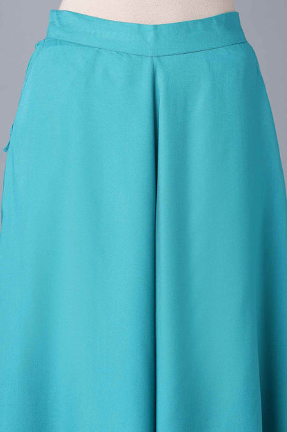 Turquoise Blue Solid Flared Cotton Culottes with Drawstring
