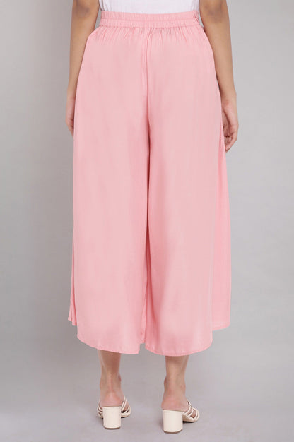 Pink Solid Flared Cotton Culottes With Elasticated Waist
