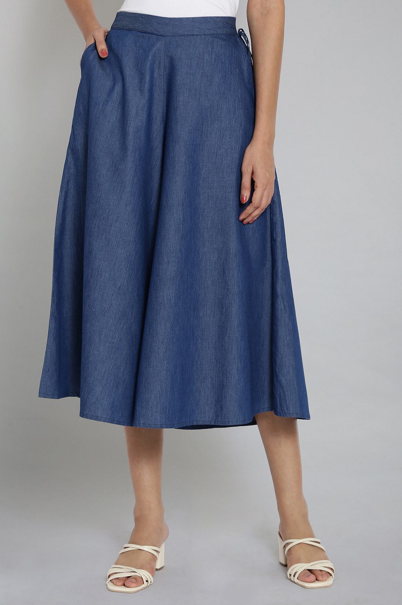 Blue Solid Flared Cotton Culottes With Drawstring Detail