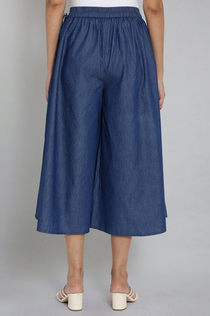 Blue Solid Flared Cotton Culottes With Drawstring Detail