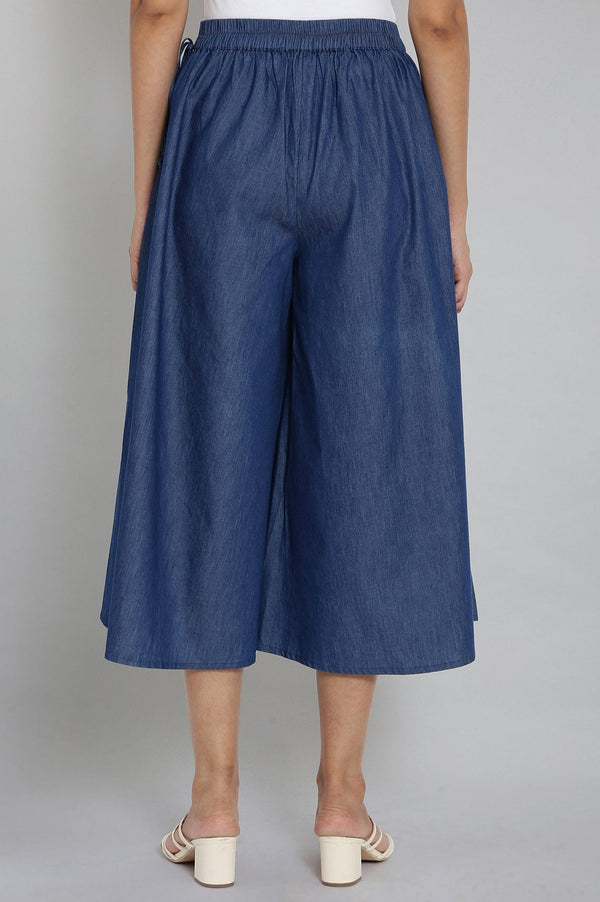 Elleven Women's Blue Solid Flared Cotton Culottes With Drawstring Detail