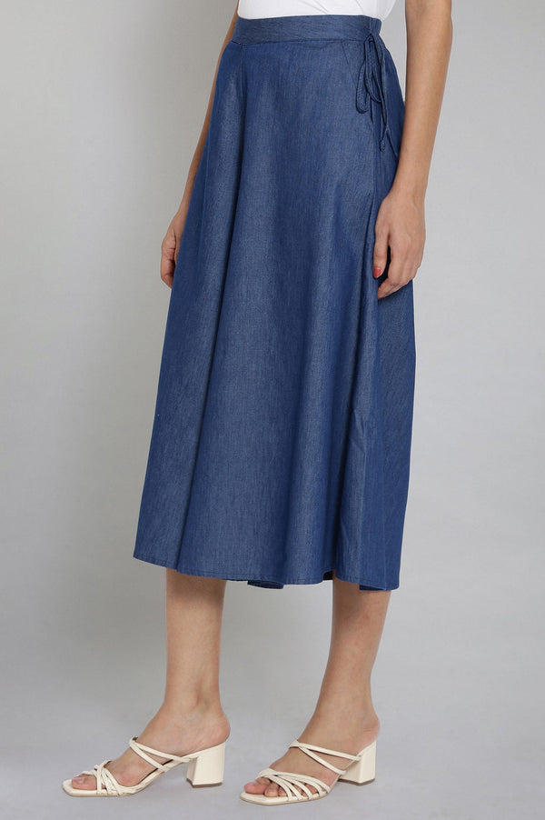 Elleven Women's Blue Solid Flared Cotton Culottes With Drawstring Detail
