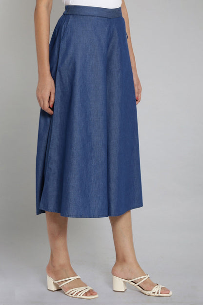 Blue Solid Flared Cotton Culottes With Drawstring Detail