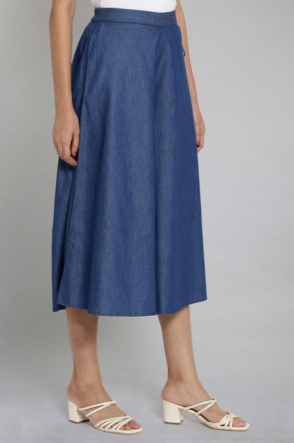 Elleven Women's Blue Solid Flared Cotton Culottes With Drawstring Detail