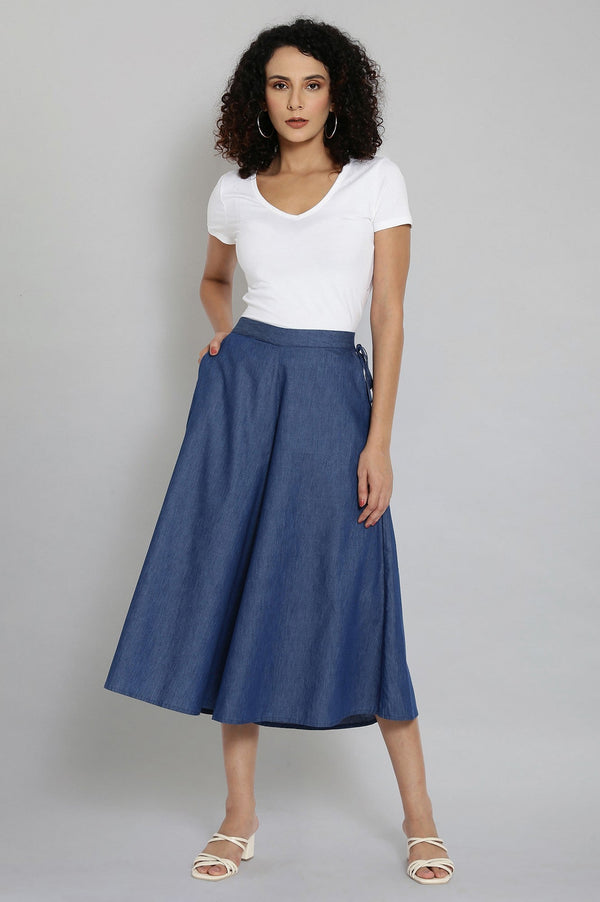 Elleven Women's Blue Solid Flared Cotton Culottes With Drawstring Detail