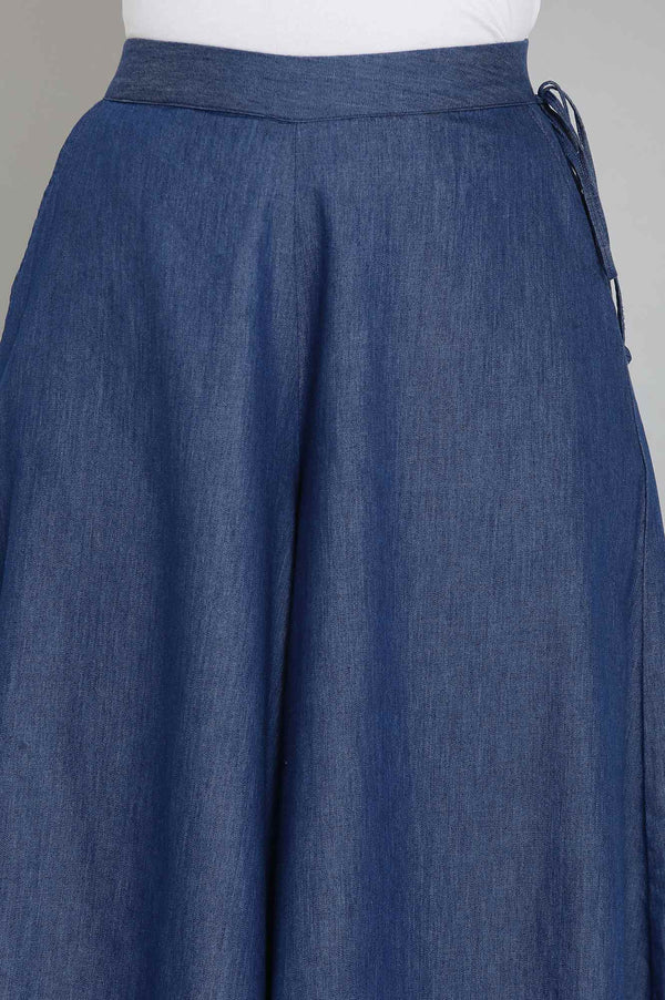 Elleven Women's Blue Solid Flared Cotton Culottes With Drawstring Detail