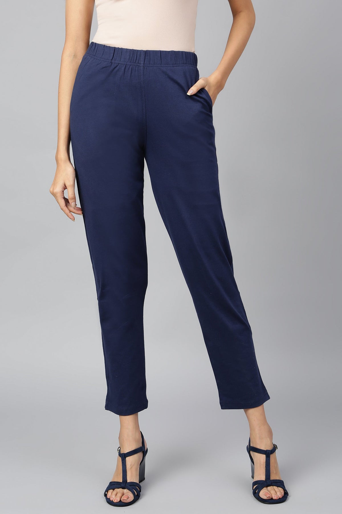 Elleven Women's Navy Blue Solid Flared Cotton Pants With Elasticated Waist