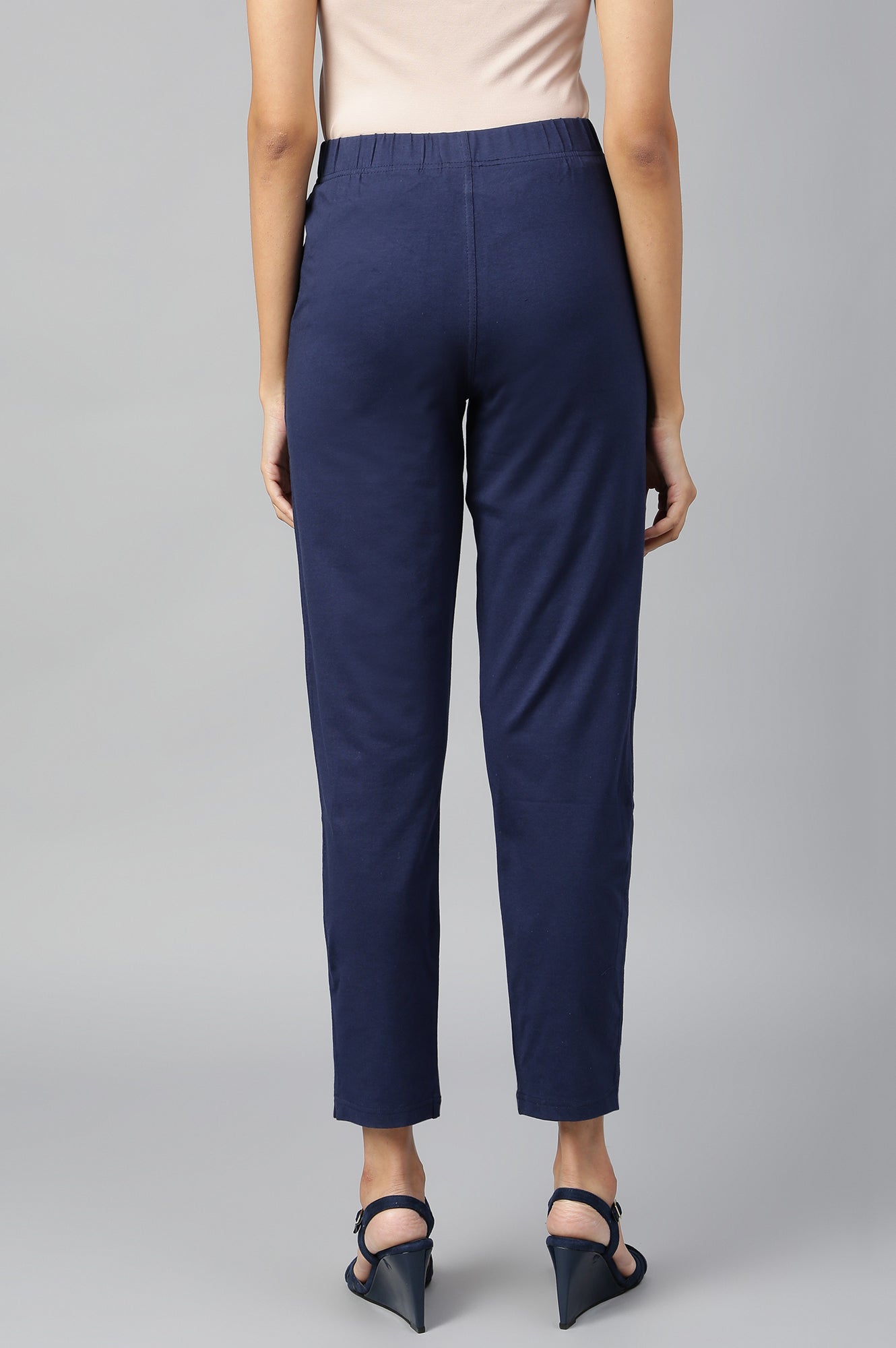 Navy Blue Solid Flared Cotton Pants With Elasticated Waist