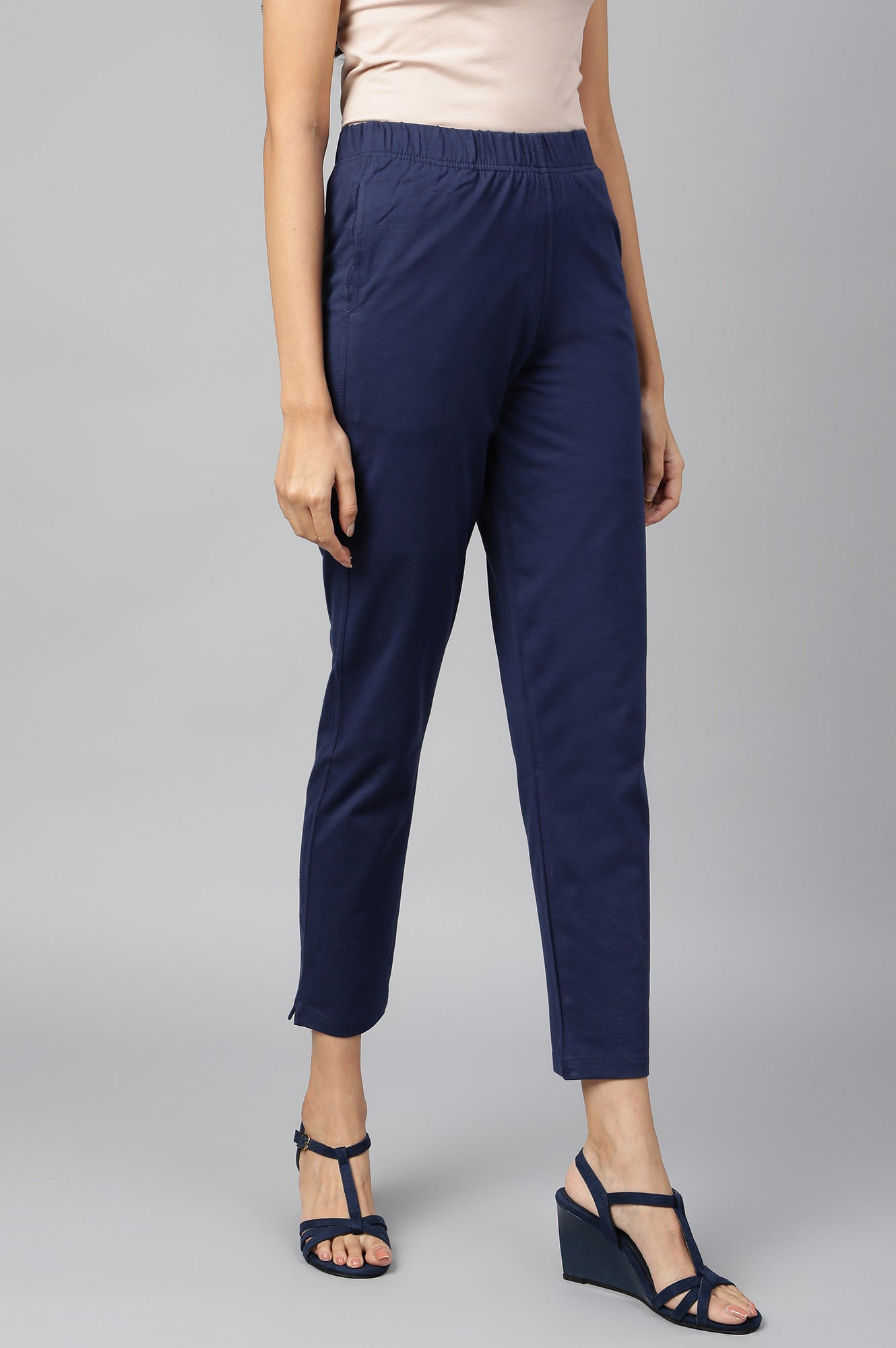 Navy Blue Solid Flared Cotton Pants With Elasticated Waist