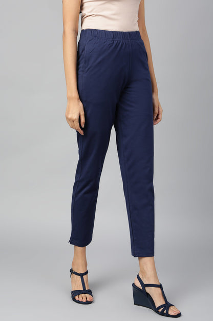 Navy Blue Solid Flared Cotton Pants With Elasticated Waist