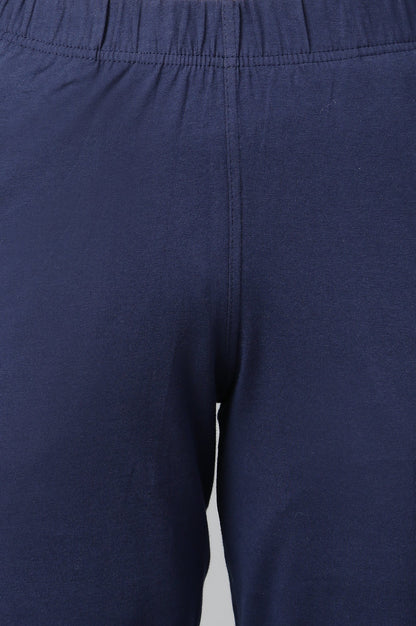 Navy Blue Solid Flared Cotton Pants With Elasticated Waist