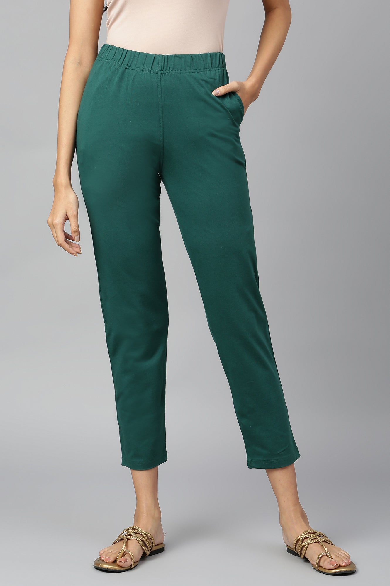 Green Solid Flared Cotton Pants With Elasticated Waist