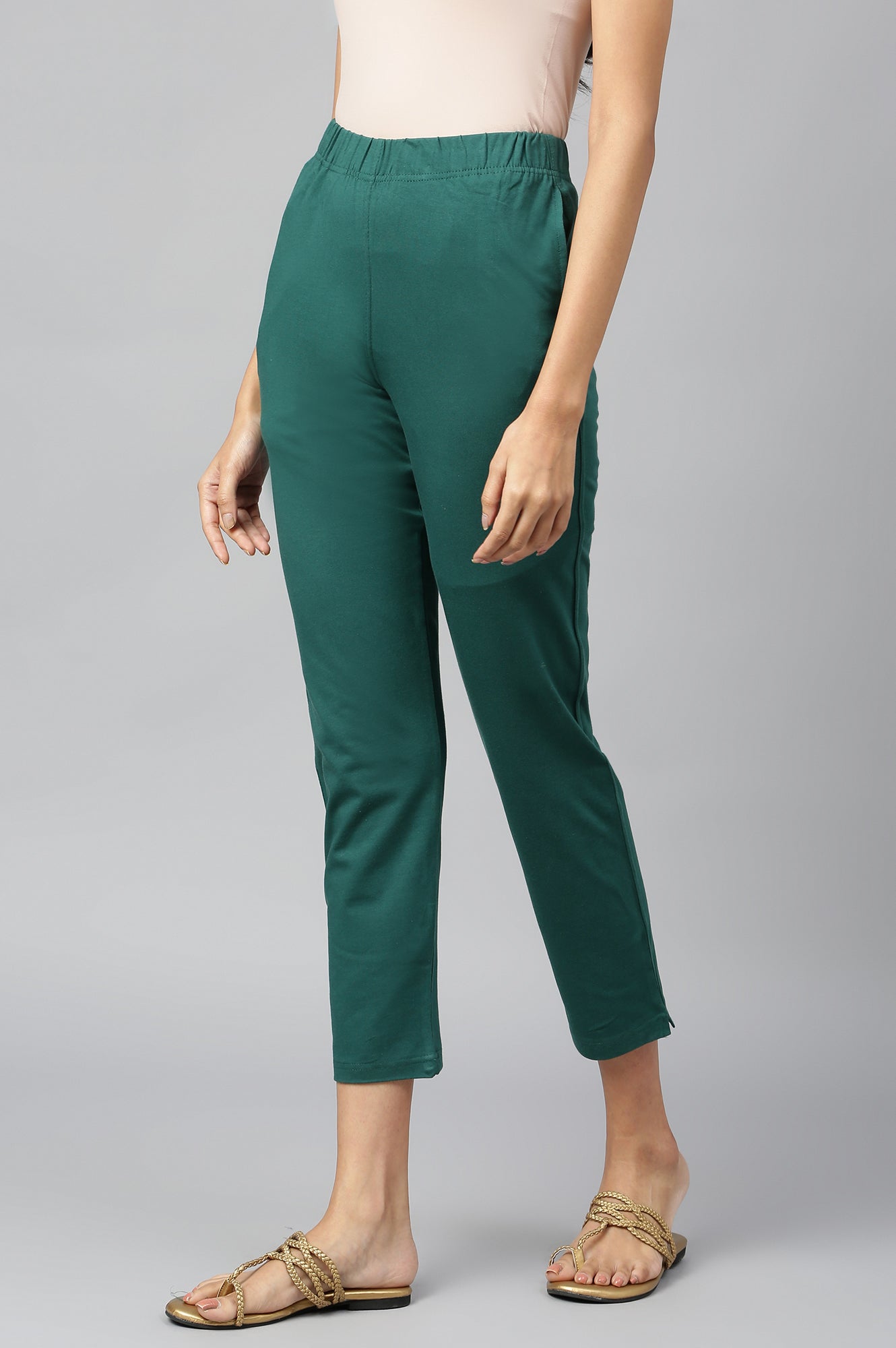 Green Solid Flared Cotton Pants With Elasticated Waist