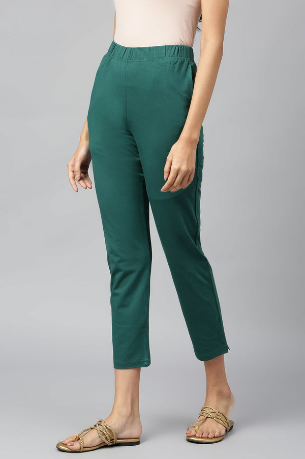 Green Solid Flared Cotton Pants With Elasticated Waist